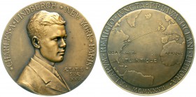 Medaillen, Luftfahrt und Raumfahrt
Frankreich: Bronzemedaille 1927 von G. Prudhomme, auf Lindbergh und seinen Flug New York-Paris. Brb. r./Globus. 68...