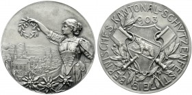 Medaillen, Schützenmedaillen, Schweiz, Bern
Silbermedaille 1903 v. Holy, a.d. Kantonalschützenfest in Biel. 45 mm, 38,55 g.
mattiert, vorzüglich