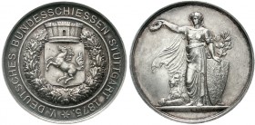 Medaillen, Schützenmedaillen, Stuttgart
Silbermedaille 1875 auf das V. Deutsche Bundesschießen, Wappen im Kranz/Germania mit Schild und Löwe. 41,4 mm...