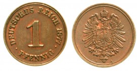 Reichskleinmünzen, 1 Pfennig kleiner Adler, Kupfer 1873-1889
1877 A. vorzüglich/Stempelglanz, selten