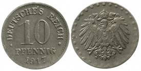 Reichskleinmünzen, 10 Pfennig, Zink 1917
1917 Mit Perlkreis.
vorzüglich, leichte Prägeschwäche