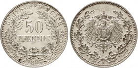 Reichskleinmünzen, 50 Pfennig gr. Adler Eichenzweige Silb. 1896-1903
1896 A. Polierte Platte, berieben