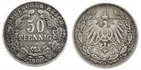 Reichskleinmünzen, 50 Pfennig gr. Adler Eichenzweige Silb. 1896-1903
1900 J. sehr schön