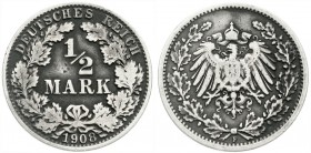 Reichskleinmünzen, 1/2 Mark gr. Adler Eichenzweige, Silber 1905-1919
1908 F. Mit Gutachten von Kurt Jaeger v. 29.7.1972
schön, von größter Seltenhei...