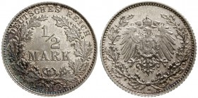 Reichskleinmünzen, 1/2 Mark gr. Adler Eichenzweige, Silber 1905-1919
1912 D. Erstabschlag, schöne Patina