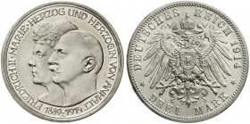 Reichssilbermünzen J. 19-178, Anhalt, Friedrich II., 1904-1918
3 Mark 1914 A. Silberne Hochzeit.
vorzüglich, min. berieben