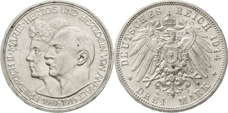Reichssilbermünzen J. 19-178, Anhalt, Friedrich II., 1904-1918
3 Mark 1914 A. S...