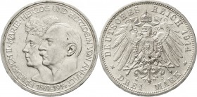 Reichssilbermünzen J. 19-178, Anhalt, Friedrich II., 1904-1918
3 Mark 1914 A. Silberne Hochzeit.
vorzüglich/Stempelglanz, Kratzer