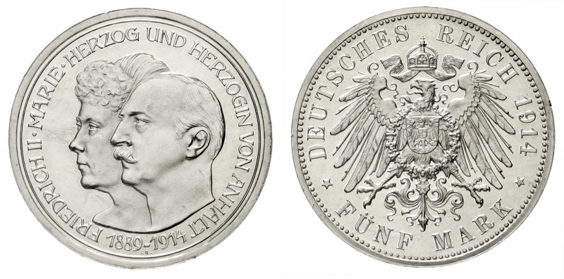Reichssilbermünzen J. 19-178, Anhalt, Friedrich II., 1904-1918
5 Mark 1914 A. S...