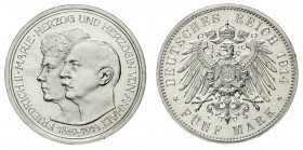 Reichssilbermünzen J. 19-178, Anhalt, Friedrich II., 1904-1918
5 Mark 1914 A. Silberne Hochzeit.
Polierte Platte, nur min. berührt