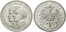 Reichssilbermünzen J. 19-178, Anhalt, Friedrich II., 1904-1918
5 Mark 1914 A. Silberne Hochzeit.
vorzüglich/Stempelglanz, winz. Kratzer