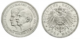 Reichssilbermünzen J. 19-178, Anhalt, Friedrich II., 1904-1918
5 Mark 1914 A. Silberne Hochzeit.
vorzüglich/Stempelglanz, winz. Randfehler