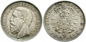 Reichssilbermünzen J. 19-178, Baden, Friedrich I., 1856-1907
2 Mark 1888 G. prägefrisch, Prachtexemplar mit feiner Patina