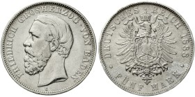 Reichssilbermünzen J. 19-178, Baden, Friedrich I., 1856-1907
5 Mark 1888 G. A ohne Querstrich.
fast sehr schön, kl. Randfehler