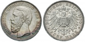 Reichssilbermünzen J. 19-178, Baden, Friedrich I., 1856-1907
5 Mark 1900 G. vorzüglich, herrliche Patina