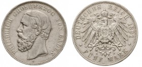 Reichssilbermünzen J. 19-178, Baden, Friedrich I., 1856-1907
5 Mark 1891 G. A ohne Querstrich.
sehr schön, selten