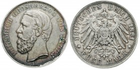 Reichssilbermünzen J. 19-178, Baden, Friedrich I., 1856-1907
5 Mark 1891 G. A ohne Querstrich.
sehr schön, schöne Patina, selten