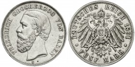 Reichssilbermünzen J. 19-178, Baden, Friedrich I., 1856-1907
5 Mark 1891 G. A mit Querstrich.
gutes sehr schön, winz. Randfehler