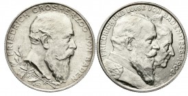 Reichssilbermünzen J. 19-178, Baden, Friedrich I., 1856-1907
2 X 2 Mark: 1902 Jubiläum und 1906 Goldene Hochzeit. beide fast Stempelglanz