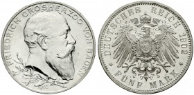Reichssilbermünzen J. 19-178, Baden, Friedrich I., 1856-1907
5 Mark 1902. 50 jähriges Regierungsjubiläum.
Erstabschlag, Prachtexemplar