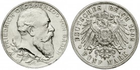 Reichssilbermünzen J. 19-178, Baden, Friedrich I., 1856-1907
5 Mark 1902. 50 jähriges Regierungsjubiläum.
prägefrisch winz. Randfehler