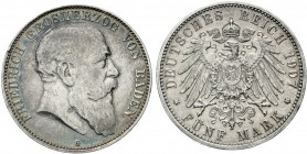 Reichssilbermünzen J. 19-178, Baden, Friedrich I., 1856-1907
5 Mark 1907 G. gutes sehr schön, kl. Randfehler und schöne Patina