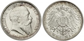 Reichssilbermünzen J. 19-178, Baden, Friedrich I., 1856-1907
2 Mark 1907. Auf seinen Tod.
fast Stempelglanz, Prachtexemplar mit feiner Tönung