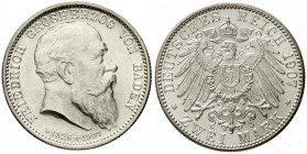 Reichssilbermünzen J. 19-178, Baden, Friedrich I., 1856-1907
2 Mark 1907. Auf seinen Tod.
fast Stempelglanz, Prachtexemplar