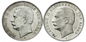 Reichssilbermünzen J. 19-178, Baden, Friedrich II., 1907-1918
2 X 3 Mark: 1908 und 1912. beide vorzüglich/Stempelglanz