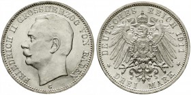 Reichssilbermünzen J. 19-178, Baden, Friedrich II., 1907-1918
3 Mark 1911 G. fast Stempelglanz