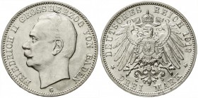 Reichssilbermünzen J. 19-178, Baden, Friedrich II., 1907-1918
3 Mark 1912 G. fast Stempelglanz