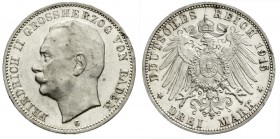 Reichssilbermünzen J. 19-178, Baden, Friedrich II., 1907-1918
3 Mark 1915 G. Seltenes Jahr.
vorzüglich/Stempelglanz, winz. Randfehler