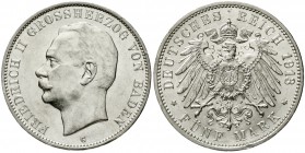 Reichssilbermünzen J. 19-178, Baden, Friedrich II., 1907-1918
5 Mark 1913 G. vorzüglich/Stempelglanz, kl. Kratzer