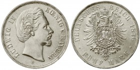 Reichssilbermünzen J. 19-178, Bayern, Ludwig II., 1864-1886
5 Mark 1876 D. fast Stempelglanz