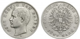 Reichssilbermünzen J. 19-178, Bayern, Otto, 1886-1913
5 Mark 1888 D sehr schön, kl. Randfehler