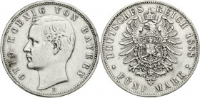 Reichssilbermünzen J. 19-178, Bayern, Otto, 1886-1913
5 Mark 1888 D. gutes sehr schön, leichte prägebed. Randunebenheiten