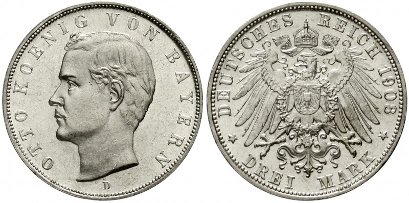 Reichssilbermünzen J. 19-178, Bayern, Otto, 1886-1913
3 Mark 1908 D. fast Stemp...