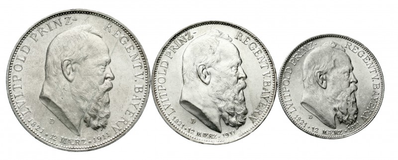 Reichssilbermünzen J. 19-178, Bayern, Luitpold 1911-1912
3 Stück: 2, 3 und 5 Ma...