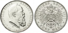 Reichssilbermünzen J. 19-178, Bayern, Luitpold 1911-1912
5 Mark 1911 D. Zum 90 jähr. Geb. m. Lebensdaten.
vorzüglich aus EA, berieben