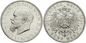 Reichssilbermünzen J. 19-178, Bayern, Ludwig III., 1913-1918
5 Mark 1914 D. vorzüglich/Stempelglanz aus EA, kl. Kratzer