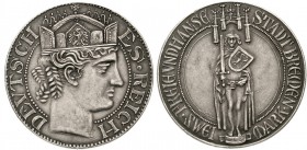 Reichssilbermünzen J. 19-178, Bremen
2 Mark Silber PROBE o.J. Gekrönter Kopf n.r./Bremer Roland. Wertangabe unten in Umschrift der Rs. Randpunze 990 ...