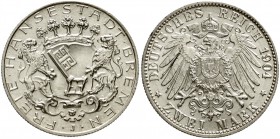 Reichssilbermünzen J. 19-178, Bremen
2 Mark 1904 J. Stempelglanz