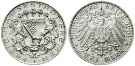 Reichssilbermünzen J. 19-178, Bremen
2 Mark 1904 J. vorzüglich, winz. Randfehler