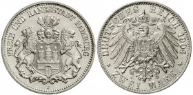 Reichssilbermünzen J. 19-178, Hamburg
2 Mark 1904 J. fast Stempelglanz, Prachtexemplar