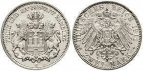 Reichssilbermünzen J. 19-178, Hamburg
2 Mark 1911 J. fast Stempelglanz, Prachtexemplar