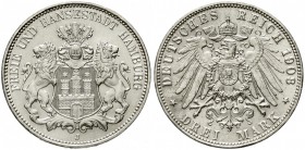 Reichssilbermünzen J. 19-178, Hamburg
3 Mark 1908 J. Stempelglanz,Prachtexemplar