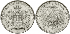 Reichssilbermünzen J. 19-178, Hamburg
3 Mark 1914 J. prägefrisch