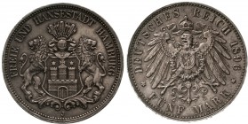 Reichssilbermünzen J. 19-178, Hamburg
5 Mark 1896 J. Seltenes Jahr.
vorzüglich/Stempelglanz, aus Erstabschlag, schöne Patina, min. Randunebenheiten,...