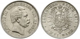 Reichssilbermünzen J. 19-178, Hessen, Ludwig III., 1848-1877
2 Mark 1877 H. vorzüglich, selten in dieser Erhaltung