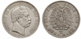 Reichssilbermünzen J. 19-178, Hessen, Ludwig III., 1848-1877
5 Mark 1876 H. sehr schön, winz. Randfehler, überdurchschnittlich